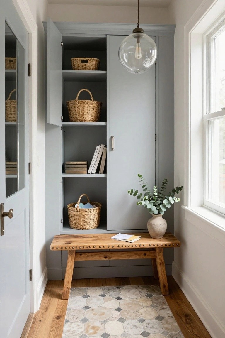 Narrow indoor entryway with open gray cabinet holding woven baskets, books, papers in a basket, and eucalyptus in a vase on a shelf, wooden studded bench beside it, globe pendant light overhead, and geometric rug on wood floor.