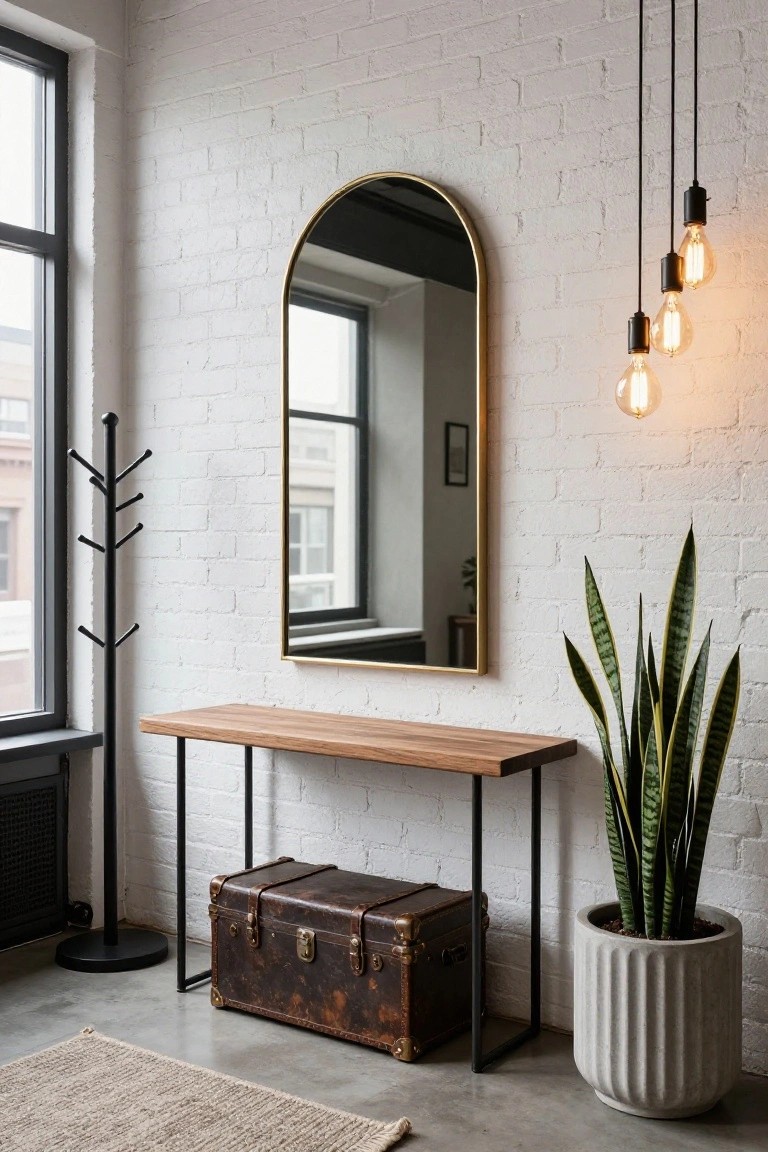 Entryway corner with white exposed brick walls, large gold-framed arched mirror above wooden console table on black metal legs, vintage brown leather trunk stored underneath, black metal coat rack, potted snake plant in white fluted pot, hanging black pendant lights with exposed bulbs, and light gray rug on concrete floor.