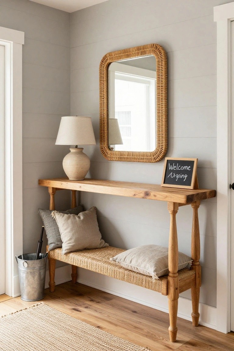 Corner entryway with light gray shiplap walls, wooden console table holding a ceramic lamp and vase, integrated rattan bench with linen pillows, rattan mirror above, umbrella stand, and small welcome sign.