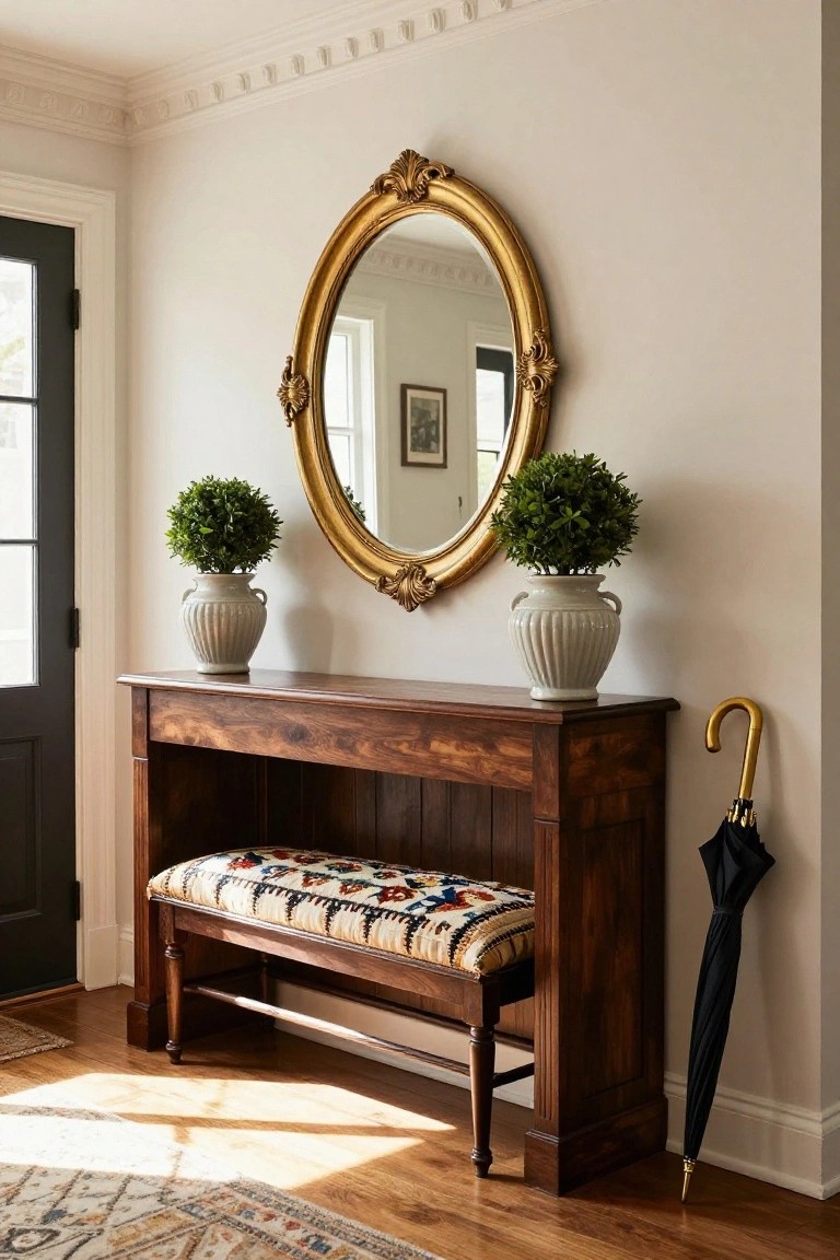A wooden console table with integrated bench seating and colorful cushion in a light entryway, topped with two white vases of topiary plants, beside a large gold-framed oval mirror and black umbrella stand near the front door.