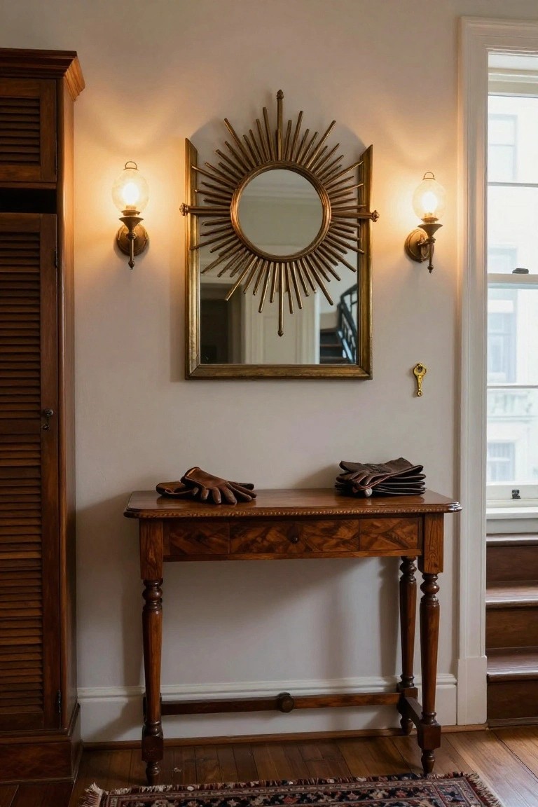 Entryway with wooden console table topped by stacked leather gloves, gold sunburst mirror above flanked by matching wall sconces, wooden armoire to the side, Persian rug on wood floor near stairs and window.