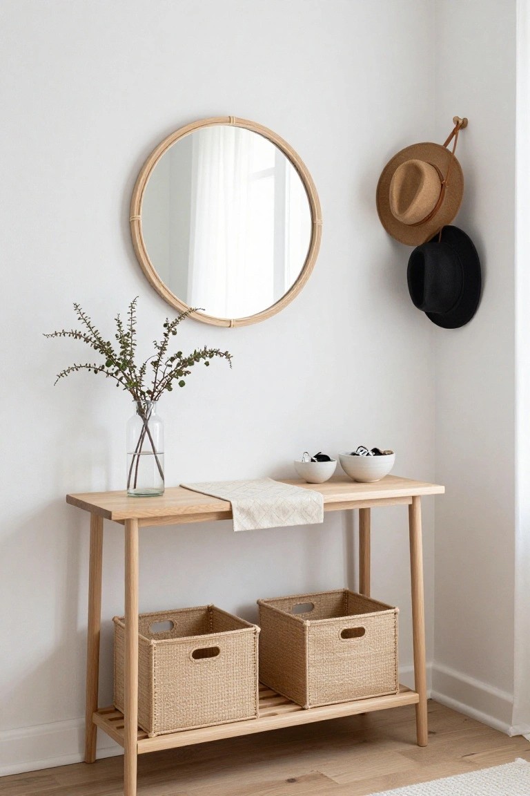 Light wood console table in a white corner entryway holding white bowls and a vase of branches, with two rattan baskets stored underneath, a round rattan mirror on the wall, and two hats hanging nearby.