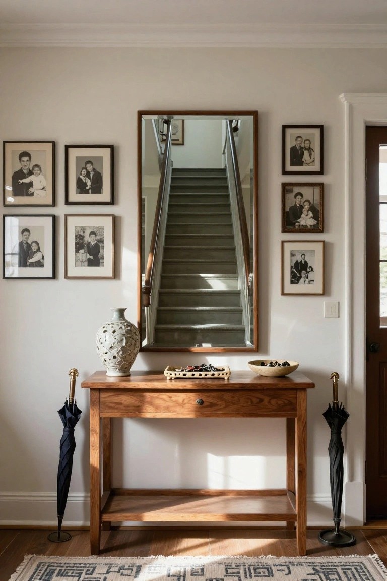 Entryway featuring a wooden console table with ceramic vase and wooden bowl, tall mirror reflecting stairs, multiple black-framed family photos on walls, and black umbrella stands flanking the table on hardwood floor with rug.