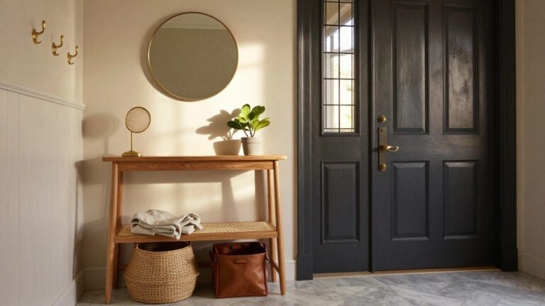 Interior entryway with a tall black wood front door featuring glass side panels, a rattan bench holding a folded white throw and flanked by two leather-trimmed woven baskets, a potted ficus plant in a seagrass pot, gold round mirror on white paneled wall, and light gray marble tile floor.