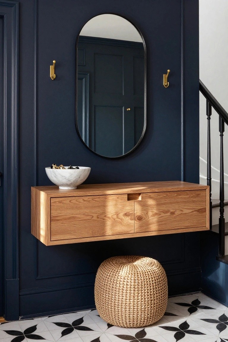 Navy paneled entryway wall with oval black-framed mirror, gold coat hooks, floating oak console table with two drawers and white marble bowl, rattan pouf stool, black metal staircase, and white floor tiles with black starburst patterns.