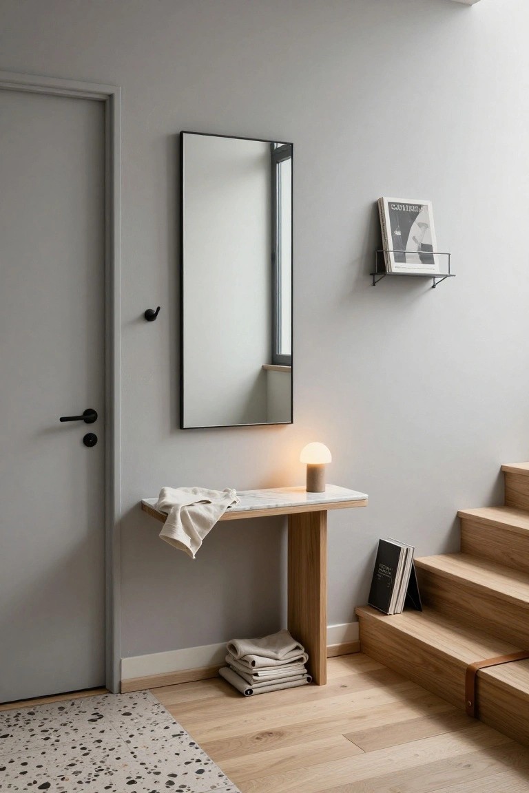 Entryway with light oak console table topped by a beige mushroom lamp and draped white linens, beside wooden stairs with books, a black-framed mirror, metal magazine rack, and gray door on gray wall over terrazzo floor.