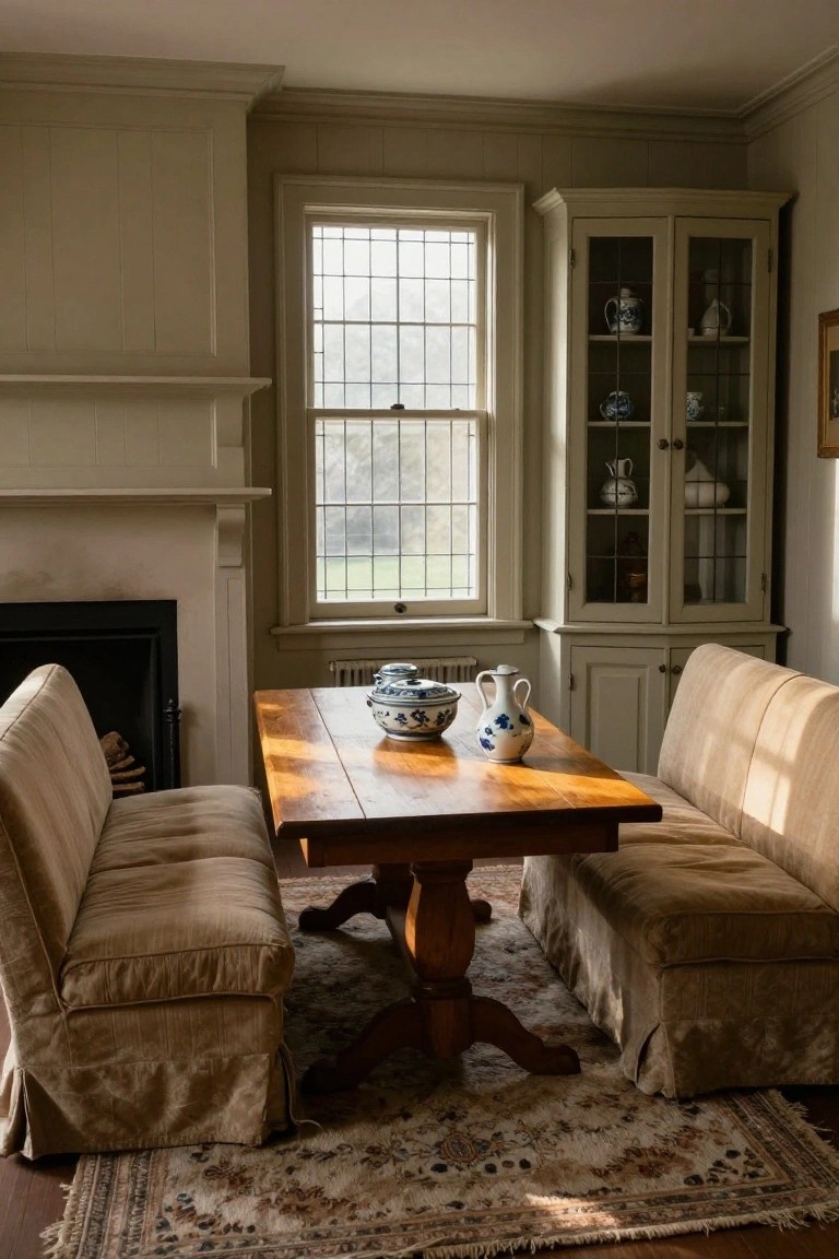 Colonial-style interior room with a wooden pedestal table and two upholstered benches, blue and white china on the table and inside a glazed corner cabinet, fireplace with firewood, and large multipane window overlooking a field.