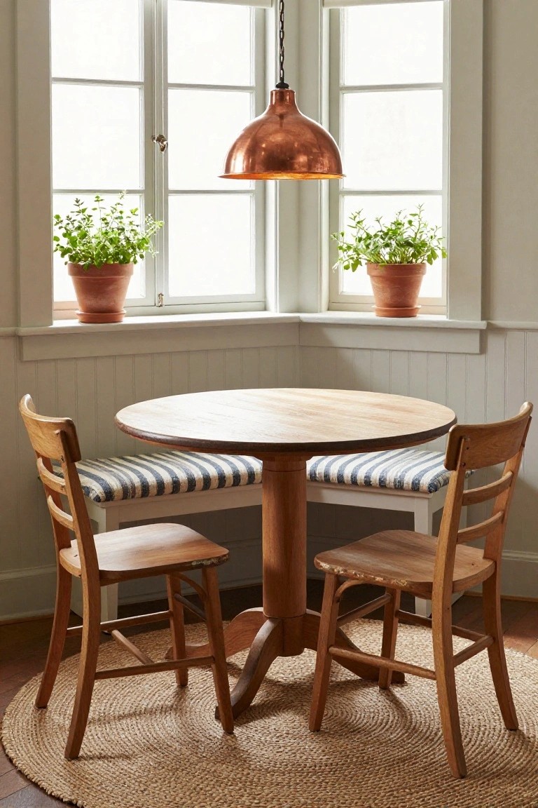 Round wooden table with copper pendant light, two chairs, and plants.