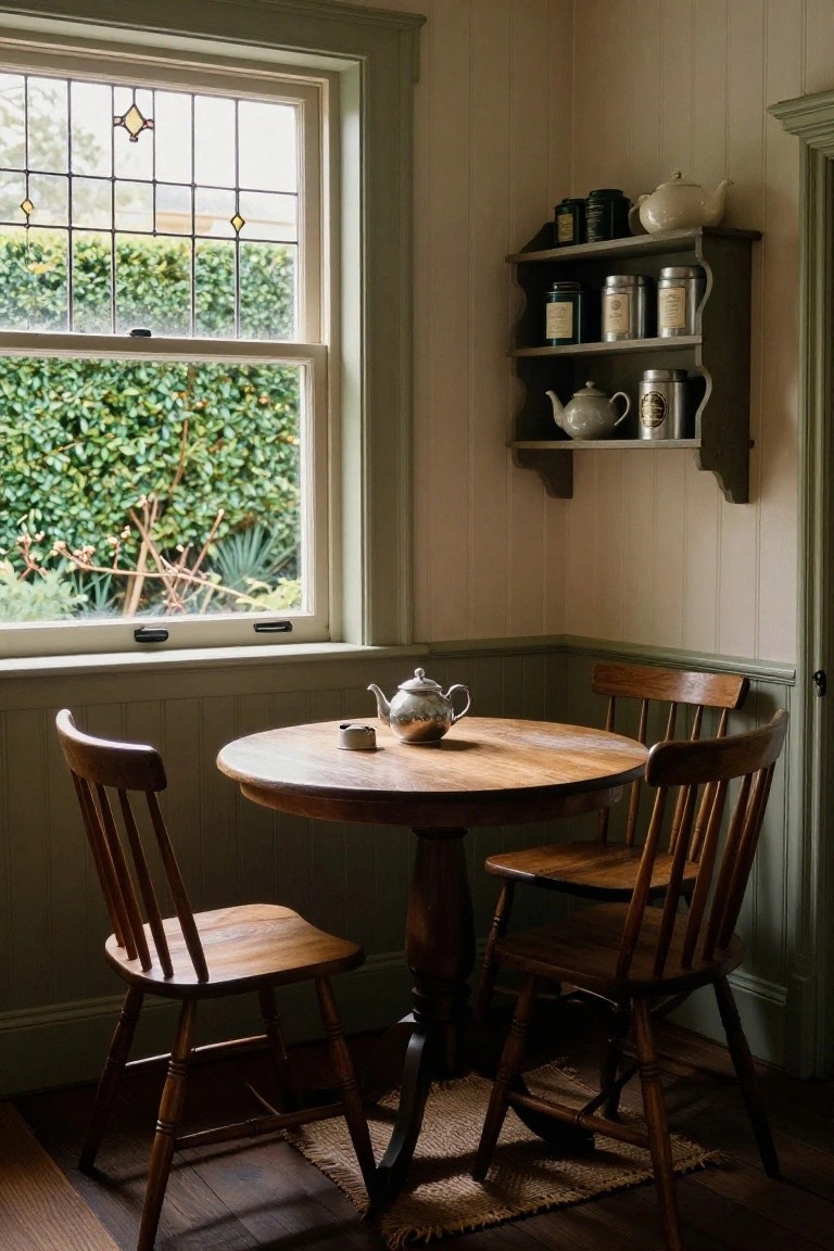 Small round wooden table with four wooden spindle chairs in a corner kitchen, silver teapot and cup on table, open shelves holding tea tins above, pale paneled walls with green trim, and leaded glass window showing garden outside.