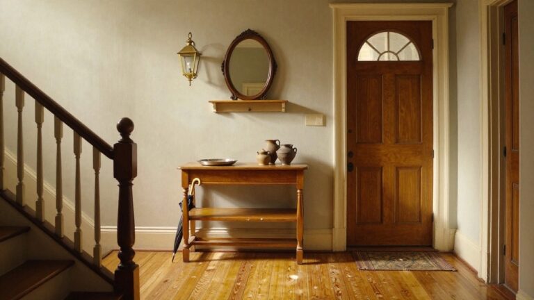 20 Charming Antique Colonial Interior Design Inspirations With History Arched wooden staircase with turned balusters and paneled walls in an entryway, next to a dark console table with terracotta vases, a silver tray, a mirror, an umbrella, and hardwood floors with sunlight streaming in.