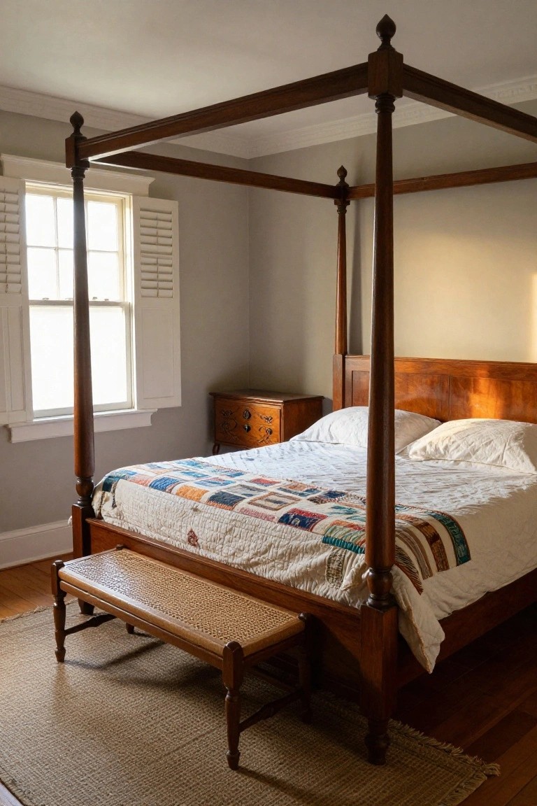 A bedroom with a tall wooden four-poster bed covered by a colorful patchwork quilt and white sheets, a wooden nightstand with carved details, a woven bench at the foot of the bed, sisal rug on hardwood floors, and a window with white shutters on gray walls.