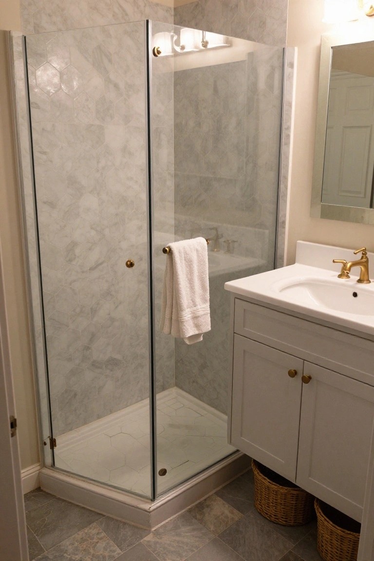 Corner glass shower enclosure with gray hexagonal tiles on walls and floor next to a white vanity with gold faucet and brass towel bar in a small bathroom.