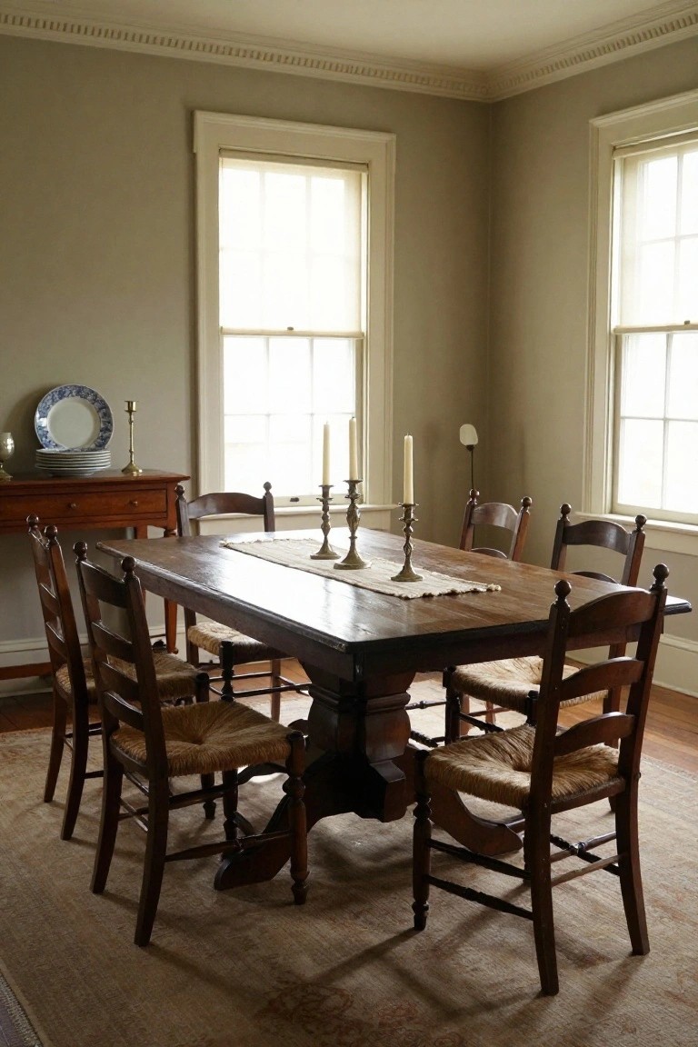 A corner dining room with a rectangular wooden table surrounded by wooden chairs featuring rush seats, candlesticks and runner on the table, a wooden sideboard with stacked white plates and blue dish nearby, large multi-pane windows with blinds, pale green walls, and a patterned rug on wood floor.