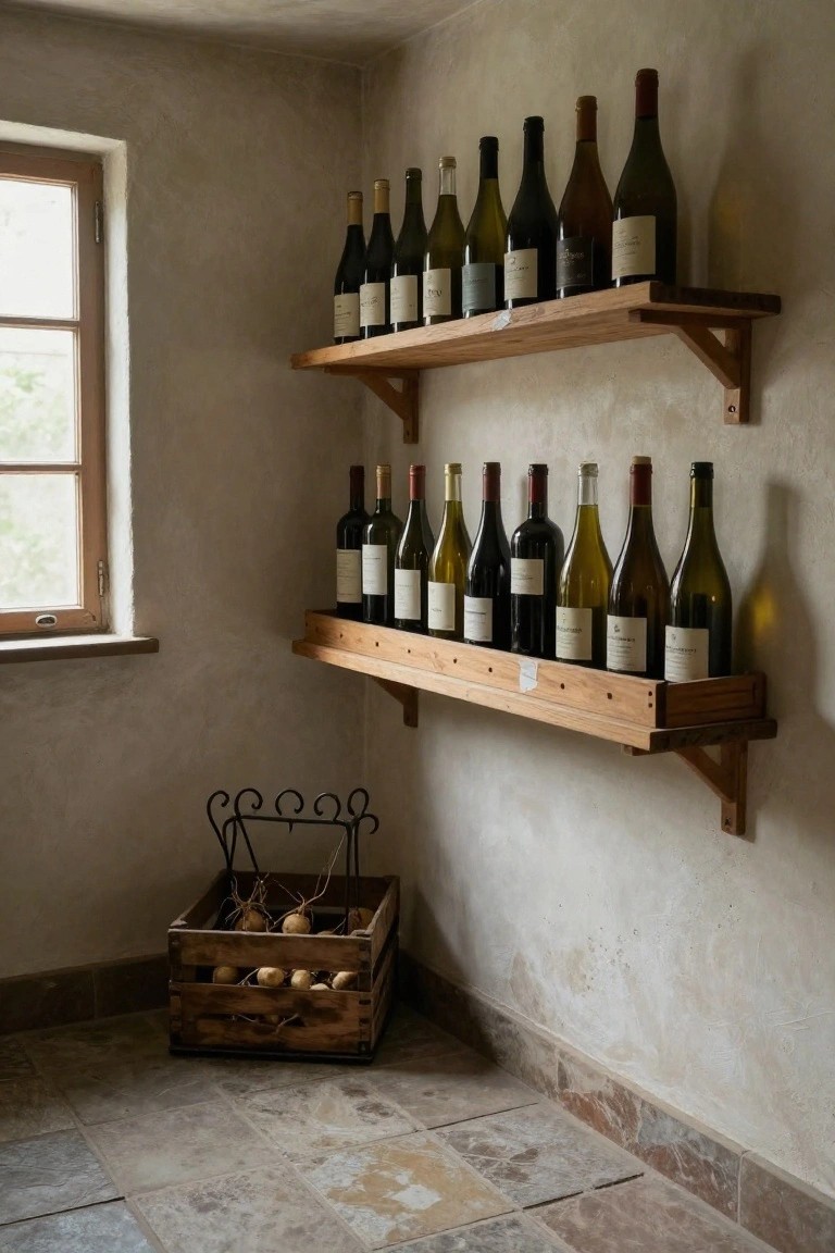Corner of a rustic interior with wooden wall-mounted shelves holding rows of wine bottles, a small window, stone walls, and a wooden crate filled with potatoes on the floor.