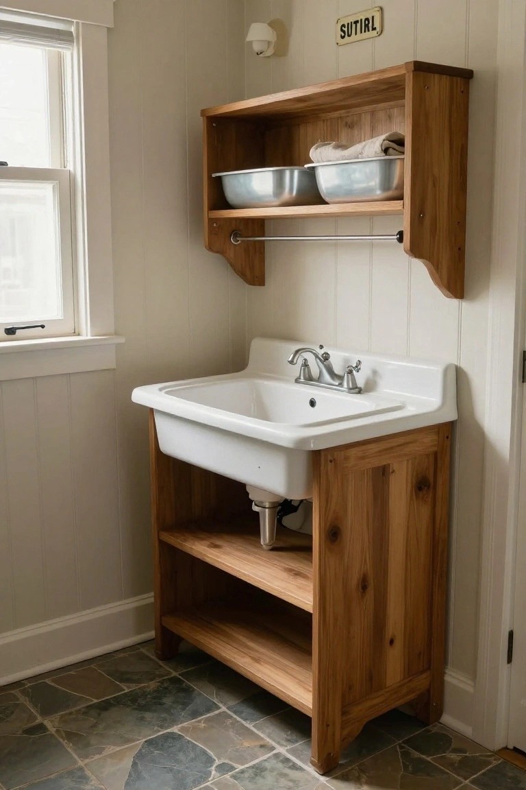 A white porcelain farmhouse sink sits on a freestanding wooden cabinet with open shelves above holding metal basins and folded towels, in a bathroom with beadboard walls and slate tile floor.