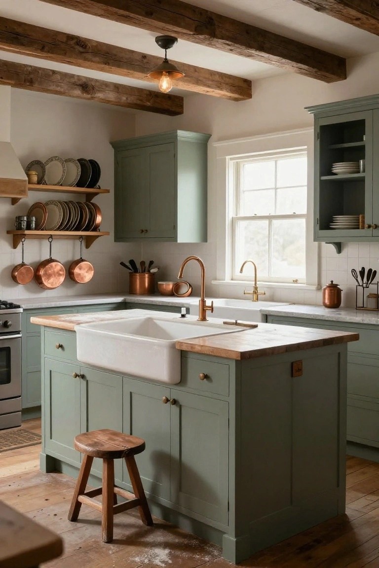 Kitchen interior with sage green cabinets, central island topped in wood holding a white farmhouse sink, hanging copper pots and plates on wooden racks, exposed beam ceiling, brass faucets, and wooden stool on hardwood floor.