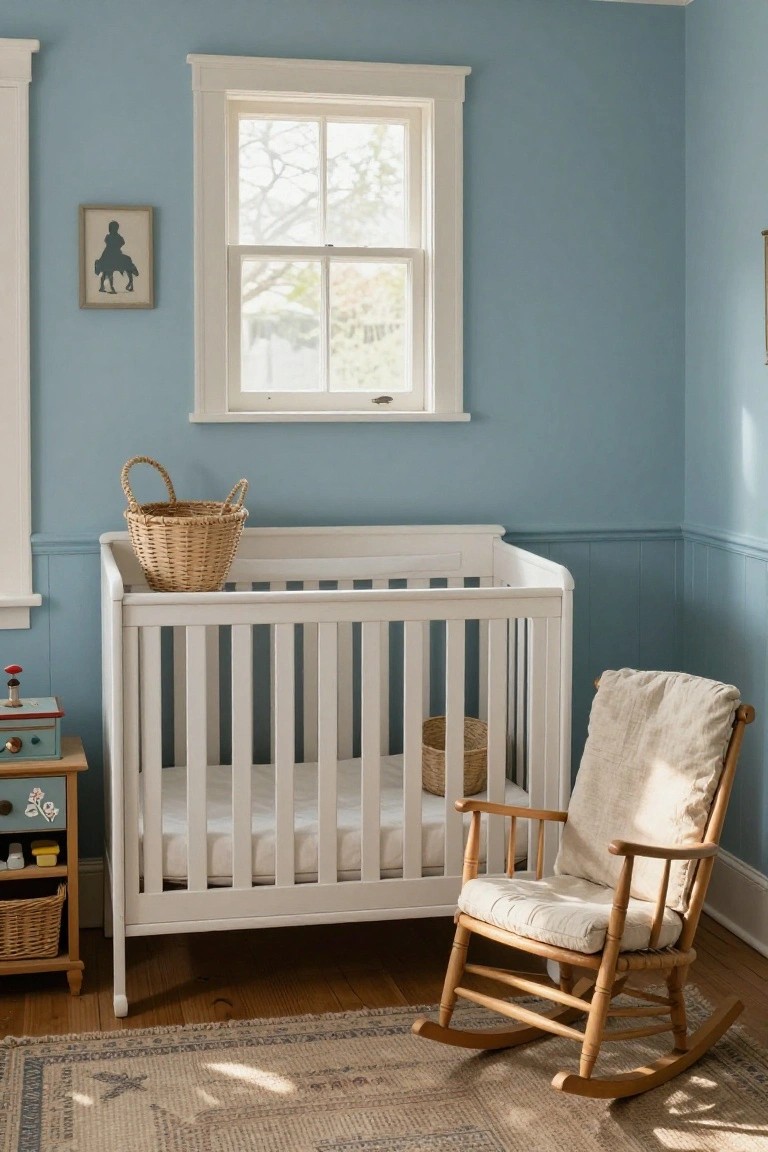 A nursery with pale blue walls, white wooden crib containing a mattress and sheet, wooden rocking chair with beige cushion, wicker baskets, small dresser with toys, and a window overlooking trees.