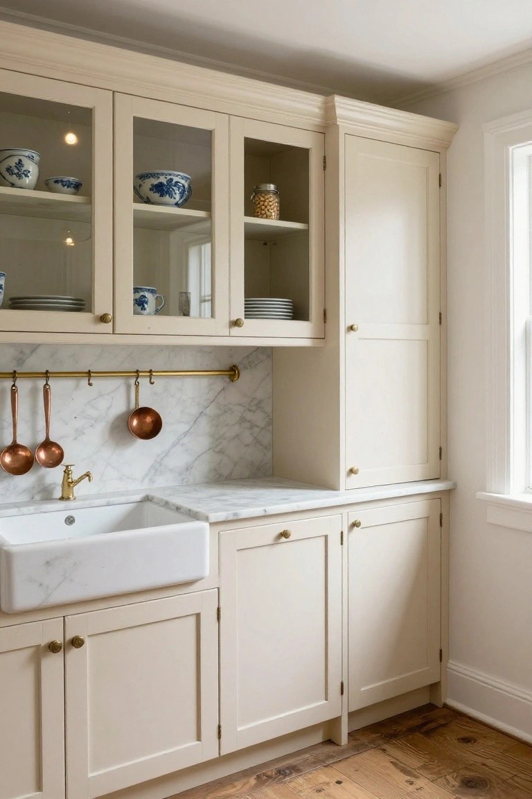 Corner kitchen with cream Shaker-style cabinets including glass-front uppers displaying blue and white china and dishes, brass pot rack hanging copper pots over white marble backsplash and counter, white farmhouse sink, and brass faucet.