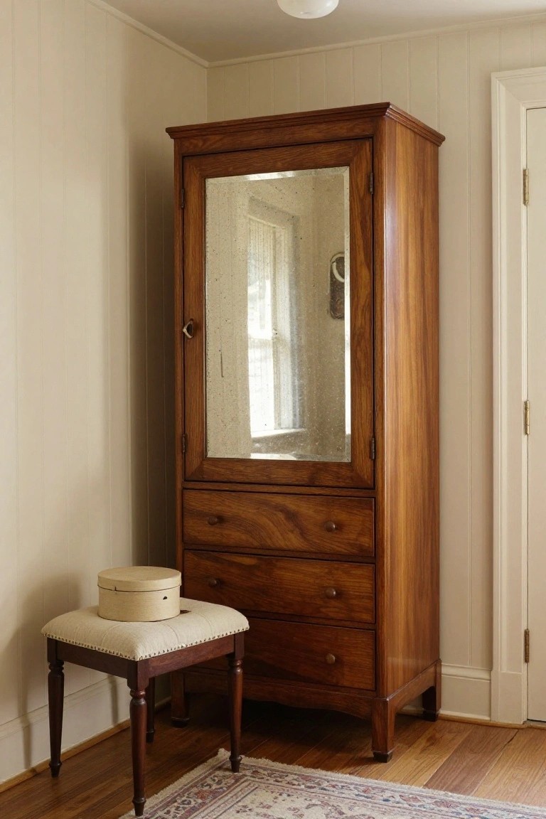 Tall wooden armoire with full-length mirror door and three lower drawers in a beige-paneled room corner, next to a small beige-cushioned stool topped with a round hatbox, on hardwood floors with a patterned rug.