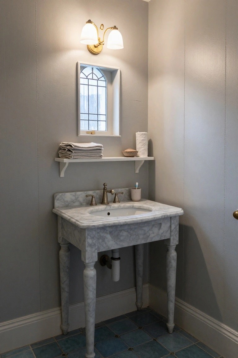 Corner of a small bathroom featuring a white marble console sink on cabriole legs with brass faucet, wall-mounted shelf holding towels and toilet paper roll, small arched window, and blue square tile floor.