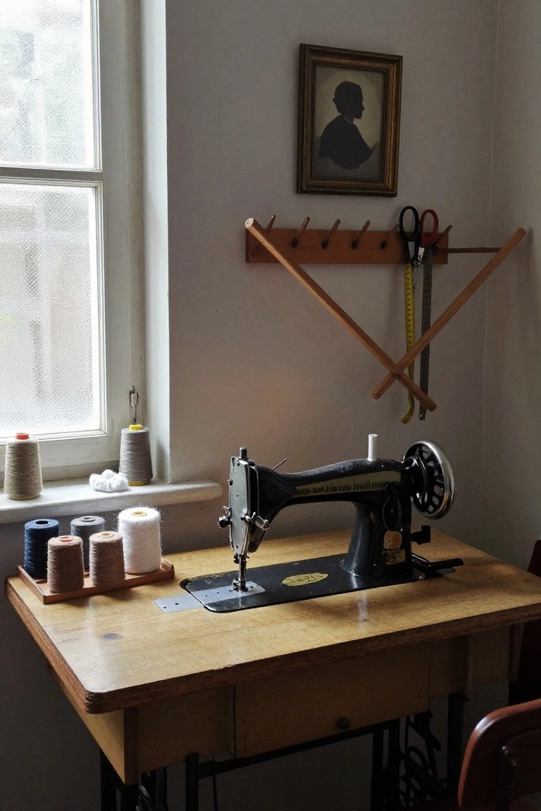 Vintage black Singer treadle sewing machine on a wooden table in a light-filled room with spools of colored thread, a wooden rack holding scissors and measuring tape on the wall, and a silhouette portrait nearby.