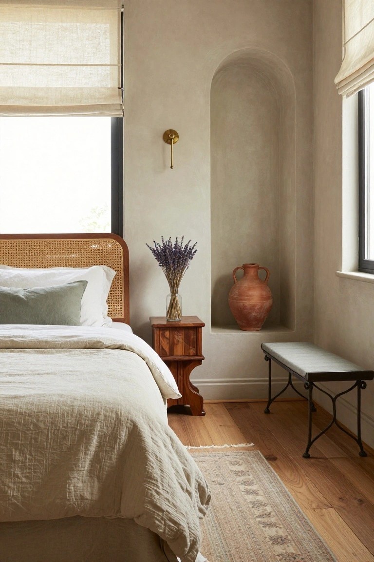 Bedroom with rattan headboard bed dressed in white and green linens, wooden nightstand holding lavender bouquet, arched wall niche with terracotta pot on bench, linen roman shades on two windows, beige walls, wood floor, and patterned rug.