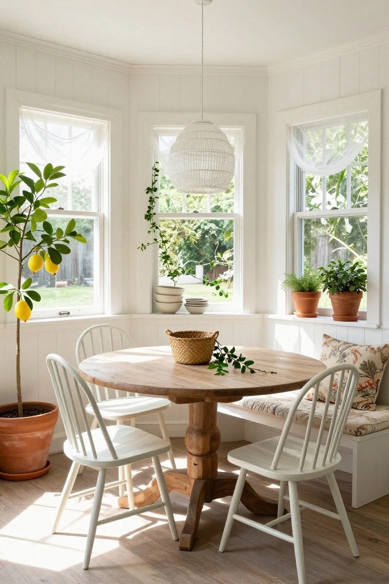 Bright kitchen nook featuring a round wooden pedestal table with white spindle chairs, a built-in cushioned bench, potted lemon tree, herb plants on windowsills, woven basket on table, and large windows with sheer curtains overlooking greenery.