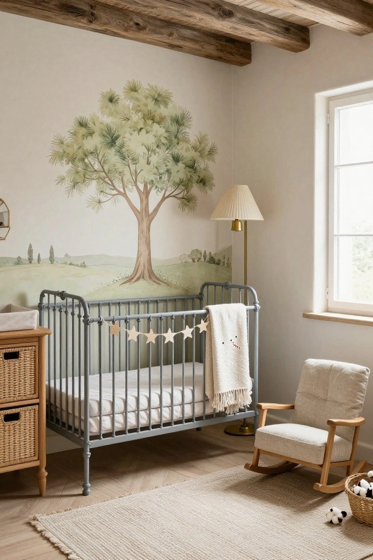 A cozy nursery with a large wall mural of a green tree, hills, and fields in soft pastel tones, next to a gray metal crib draped with blankets, a wooden dresser, beige rocking chair, floor lamp, and woven rug on oak floors under exposed wooden beams.