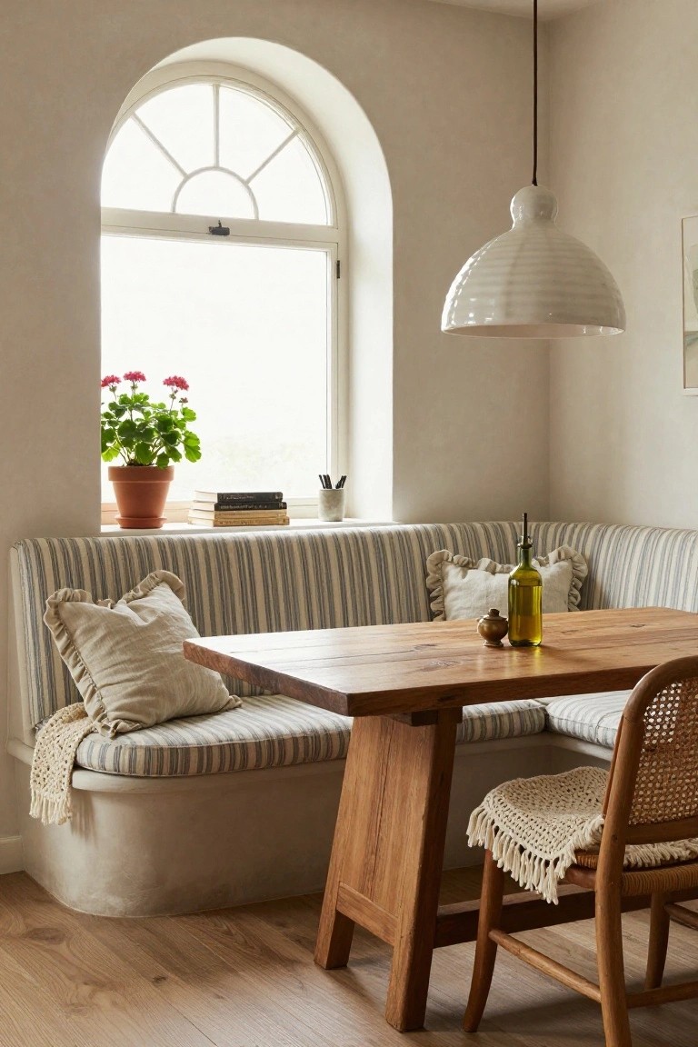 Beige interior corner with built-in striped bench seating around a wooden table, arched window with geranium plant on sill, white pendant lamp overhead, and rattan chair nearby
