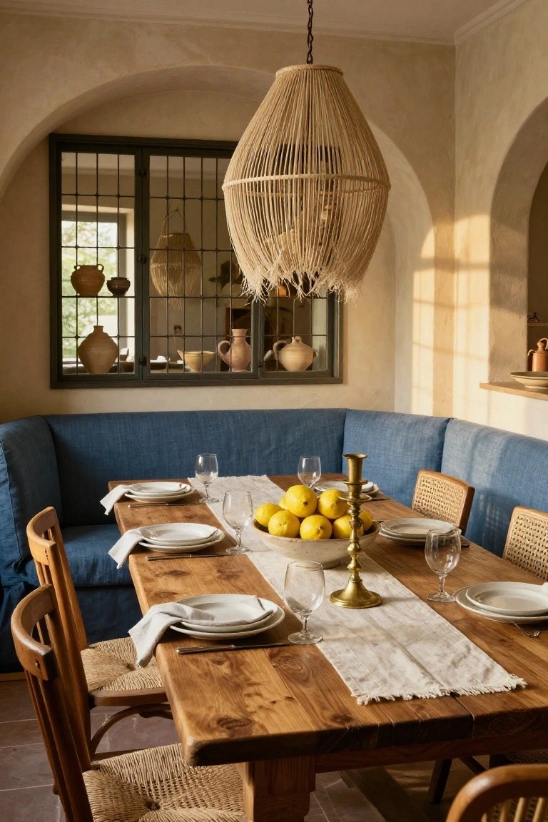 Sunlit dining area in beige room with blue banquette seating around wooden table set with white plates, glasses, lemons in bowl, gold candlestick, rattan chairs, and arched gridded cabinet displaying terracotta pots.