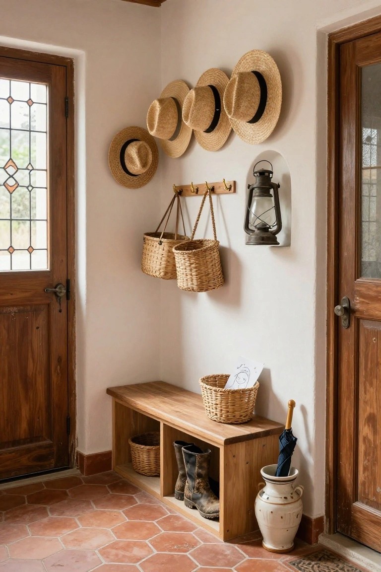 Rustic indoor entry corner with white walls, wooden bench featuring open cubbies holding boots and a small basket, multiple straw hats hanging on wall hooks, two hanging woven baskets, a metal lantern, umbrella in a ceramic vase, and wooden doors on terracotta hexagonal tile floor.