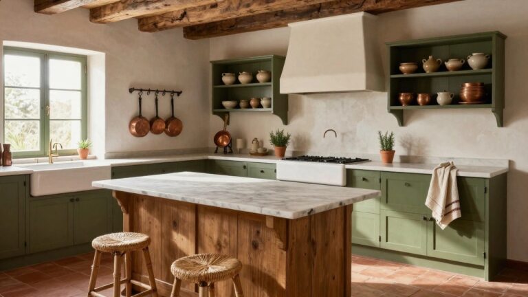 Rustic kitchen interior with sage green lower cabinets, exposed wooden beam ceiling, white farmhouse sink, marble-topped wooden island, copper pots on shelves, and terracotta tile floor.
