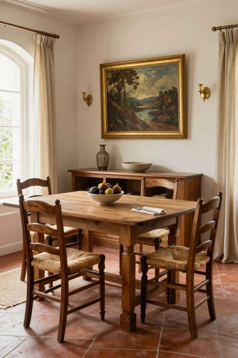 Sunlit dining room featuring a rectangular wooden farmhouse table with rush-seated ladderback chairs, a white bowl of fruit on the table, wooden sideboard holding figs and a vase, gold-framed landscape painting on wall, arched window with cream curtains, and terracotta tile floor.