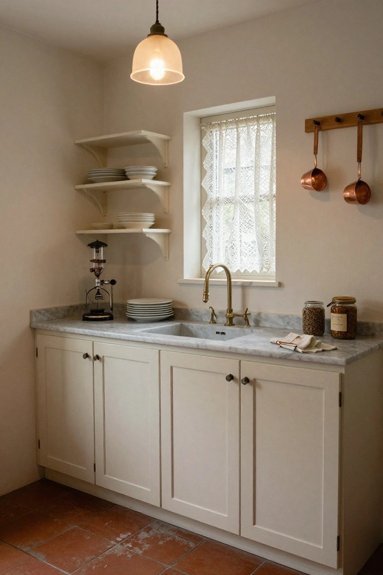 Compact corner kitchen with off-white shaker-style cabinets, gray marble countertop and double sink, brass gooseneck faucet, vintage brass espresso maker, open shelves holding stacked white plates, hanging copper pots on wooden rack, glass jars on counter, and terracotta tile floor.