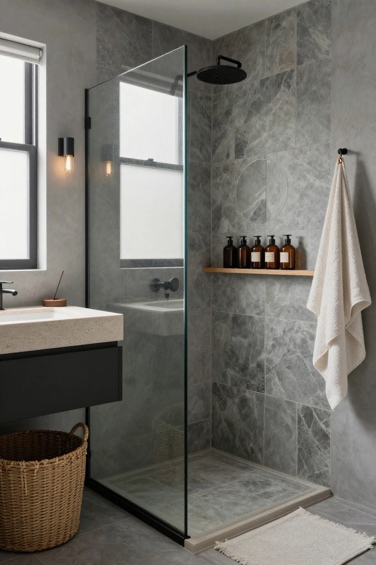 Modern bathroom with gray veined stone tiles on shower walls and floor, frameless glass enclosure with black rain showerhead, wooden shelf holding amber glass bottles, white towel on hook, black vanity sink, wall light, woven basket, and small white rug.