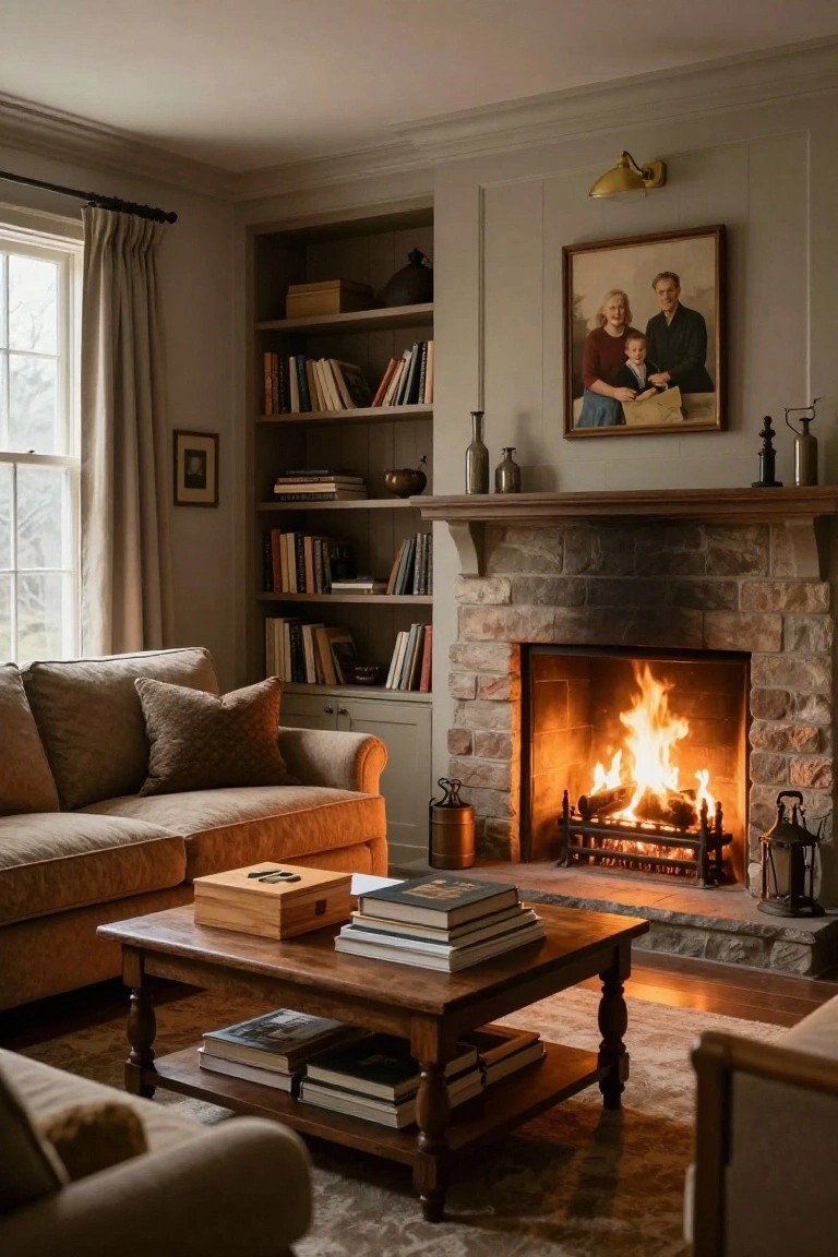 Living room with central brick fireplace flanked by wooden built-in bookshelves filled with books and decor, facing beige sofa on patterned rug, wooden coffee table with stacked books, lit fire, window with curtains, and wall lamp.