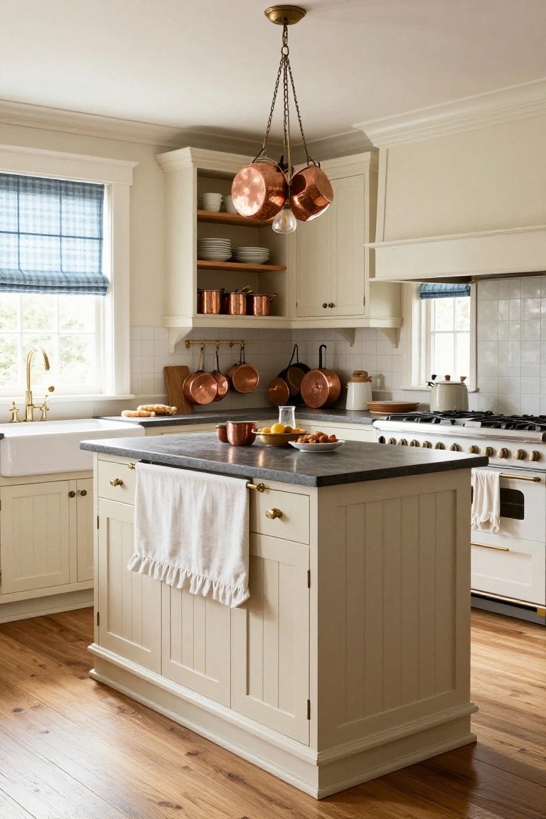 Colonial-style kitchen with cream cabinets, black soapstone island and counters, multiple copper pots and pans hanging from racks and on shelves, brass faucet farmhouse sink, and hardwood floors.