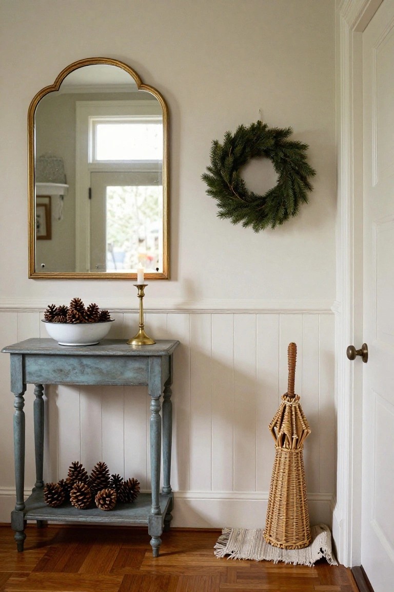 Teal painted wood console table in a white wainscoted entryway with gold arched mirror above, white bowl of pinecones on top, brass candlestick beside it, more pinecones on lower shelf, evergreen wreath on wall, and tall wicker umbrella stand by door.