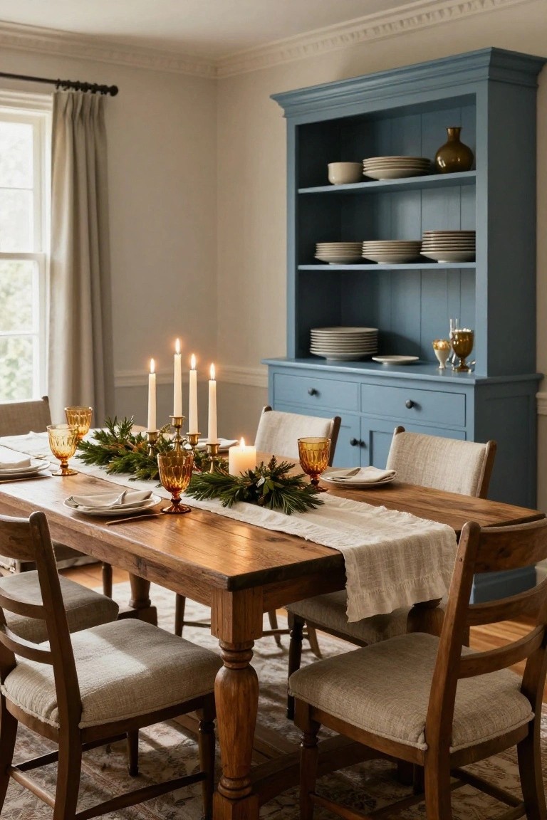 Dining room with wooden table set for holidays using linen runner, pine greenery centerpiece, white candles, amber glassware, white plates, beige linen chairs, and blue painted wood hutch with stacked plates and brass decor.