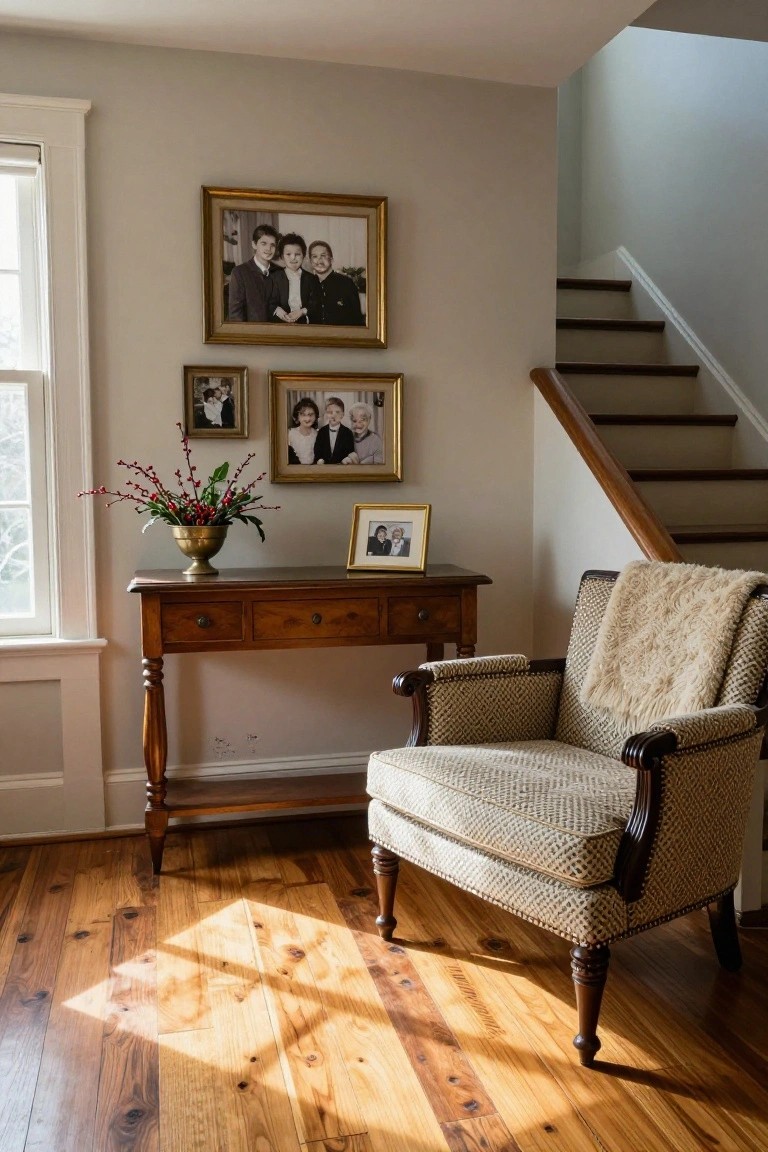 Cozy interior hallway corner with wooden console table holding brass vase of red berries, small gold frame photo, flanked by larger wall photos in gold frames, upholstered armchair with throw, and adjacent staircase on hardwood floors with sunlight streaming in.