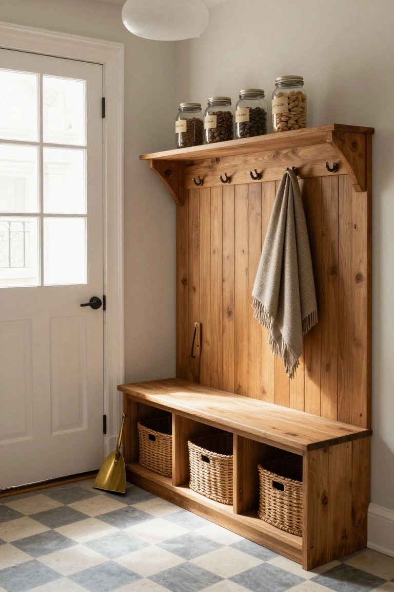 Wooden coat rack and bench unit with wicker storage baskets in cubbies, hooks holding a towel, jars of nuts and dog food on a shelf above, next to a white door on checkered tile floor.