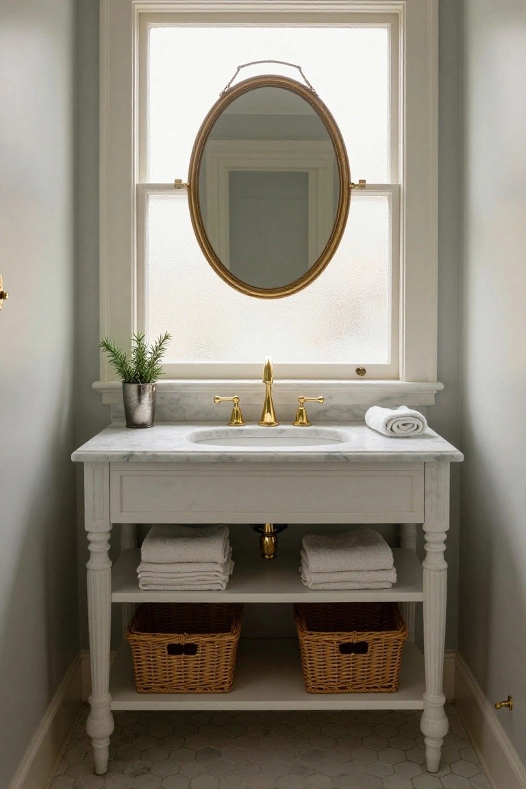 Narrow powder room with white painted wood vanity, white marble sink top, gold faucet, oval mirror hung in frosted window above sink, rosemary plant in metal container, stacked towels on open shelves and in baskets, hexagonal white tile floor.