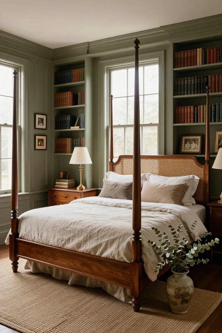 Colonial bedroom interior with sage green paneled walls, built-in wooden bookshelves flanking large multipaned windows and a four-poster bed with cane headboard, white linens, side tables with lamps, eucalyptus in a vase, and a beige rug on hardwood floor.