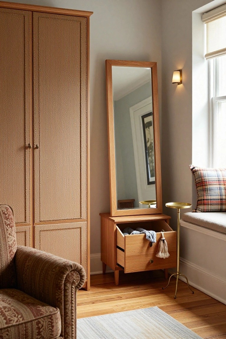 Corner of a light gray bedroom with tall oak wardrobe, wooden console table topped by full-length mirror and holding an open drawer with folded blue clothes and tassel, gold tray table, plaid pillow on window seat, patterned armchair, and gray rug on hardwood floor.