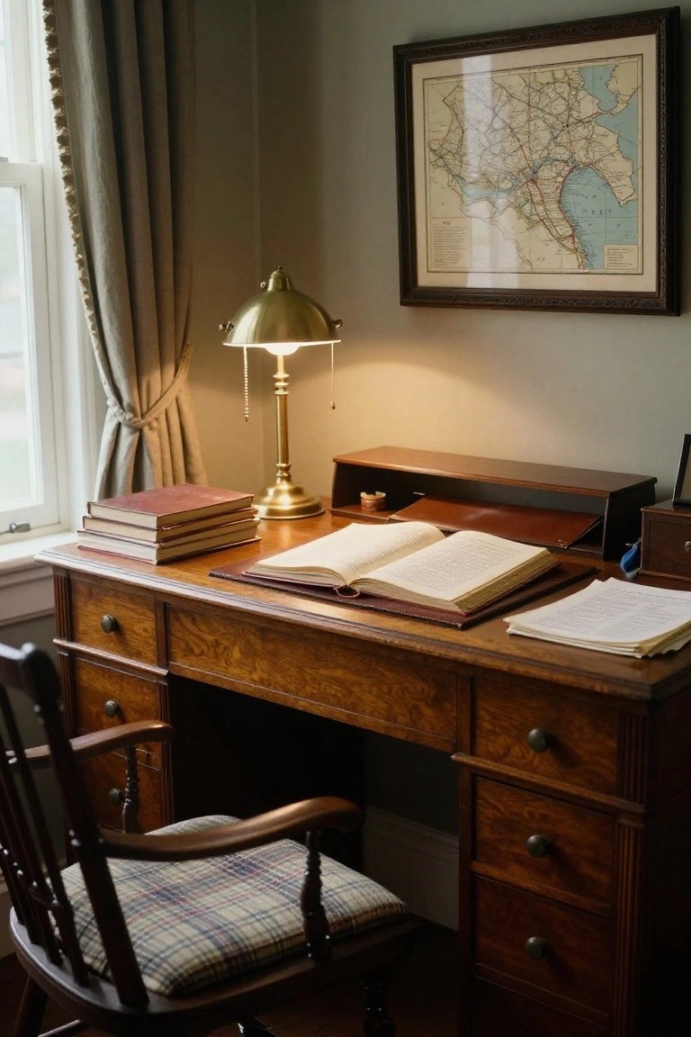 Wooden desk with leather top, brass banker's lamp, open books, stacked leather-bound volumes, and a small wooden box in a room with gray walls, plaid armchair, and framed map on the wall.
