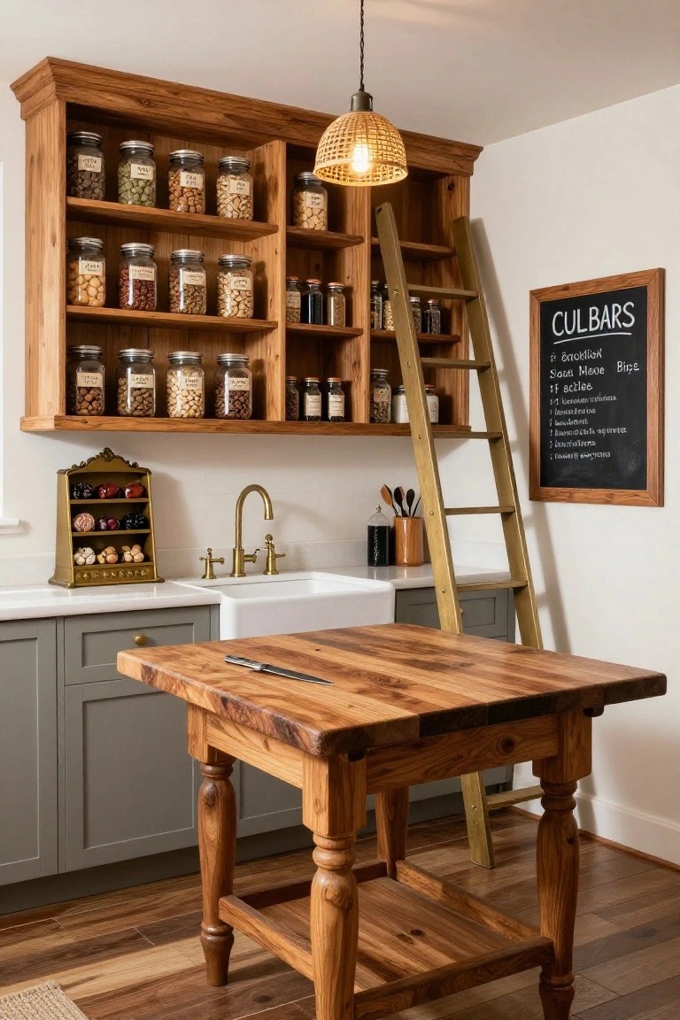 Wooden shelving unit stocked with glass jars of nuts and grains in a kitchen with gray cabinets, white farmhouse sink, wooden table, brass ladder, and blackboard sign.