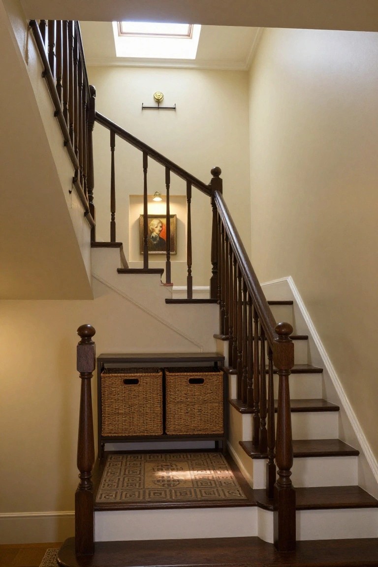 Wooden staircase in a cream-walled interior with dark wood balusters and newel posts, wicker baskets in a cabinet underneath, a framed portrait painting in a wall niche, and a skylight above.