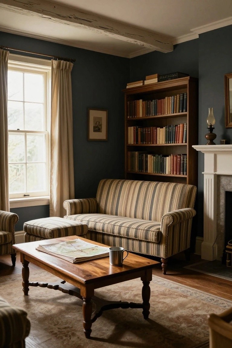 Colonial-style interior room with dark blue-gray walls, tall wooden bookshelves filled with books, beige and brown striped sofa and ottoman, wooden coffee table holding a map and mug, marble fireplace, and large window with cream curtains.