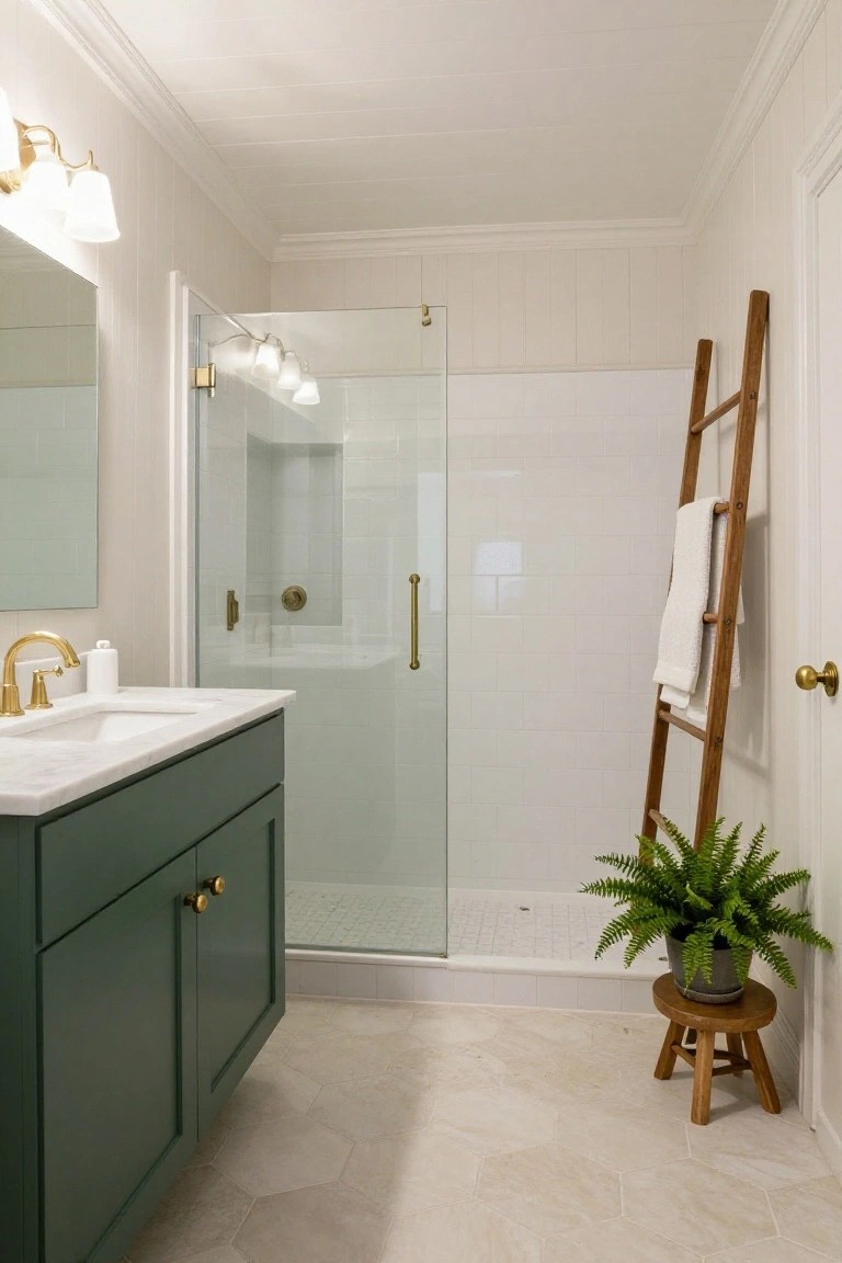 Small bathroom with dark green shaker-style double vanity topped by white marble sinks and gold faucets, clear glass shower enclosure with white subway tile walls and niche, wooden ladder towel rack by the door, potted fern on wood stool, and light hexagonal floor tile.