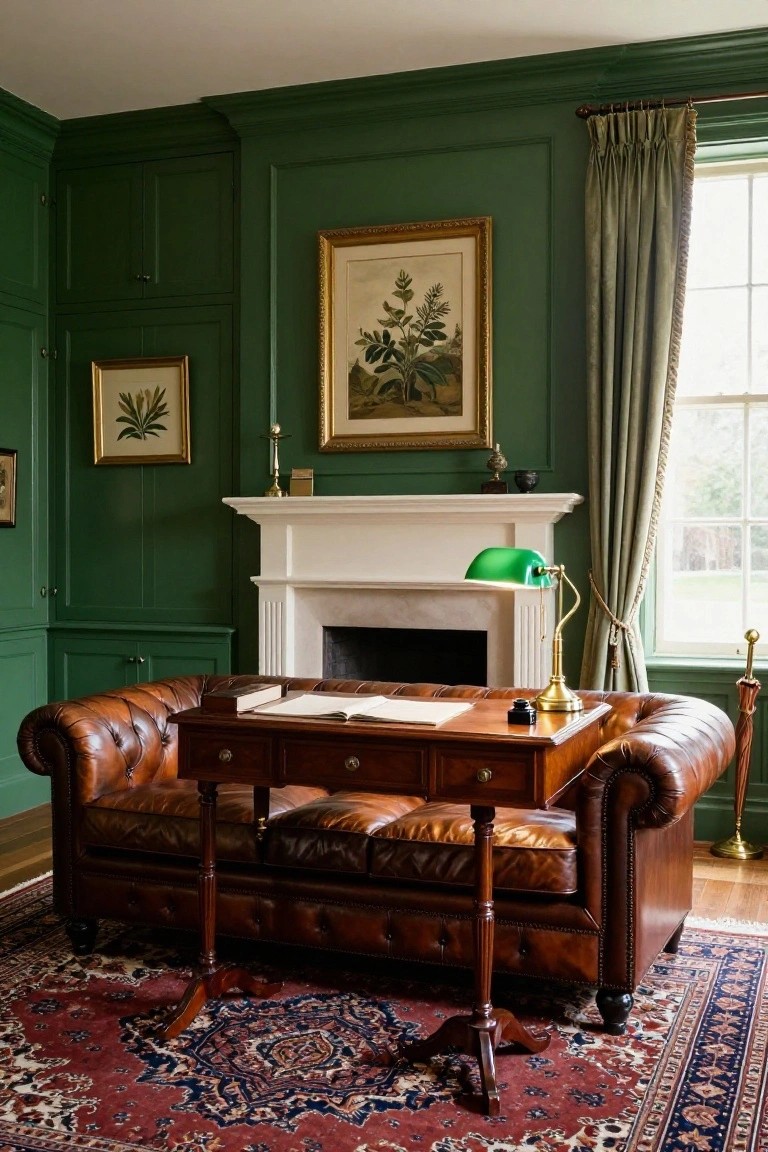 A colonial-style study room with deep green paneled walls and cabinetry, white fireplace, wooden desk with green lamp, tan leather sofa, and botanical artwork.